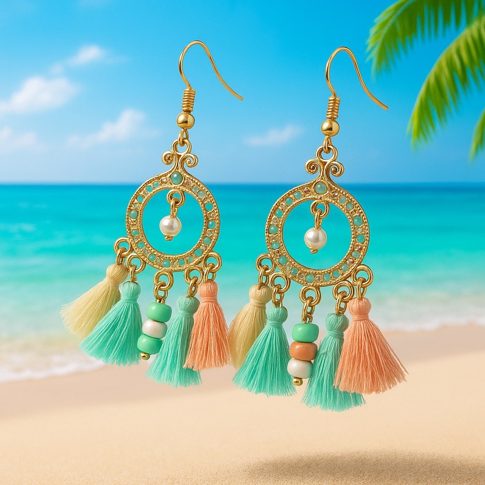 Bohemian Tassel Earrings in Gold and Pastel